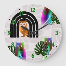 Whimsical Boho Owl & Tropical Monstera Leaf Große Wanduhr