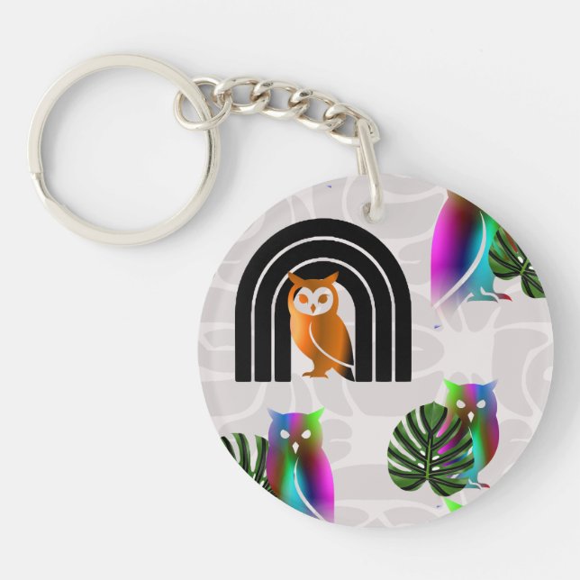Whimsical Boho Owl & Tropical Monstera Leaf Schlüsselanhänger (Vorderseite)