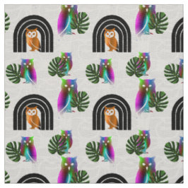 Whimsical Boho Owl & Tropical Monstera Leaf Stoff
