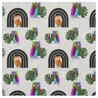 Whimsical Boho Owl & Tropical Monstera Leaf Stoff