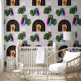 Whimsical Boho Owl & Tropical Monstera Leaf Tapete