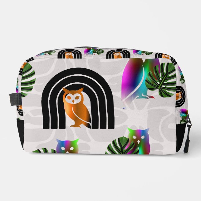 Whimsical Boho Owl & Tropical Monstera Leaf Waschbeutel (Vorderseite)