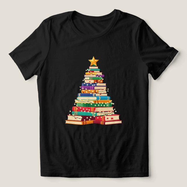 Whimsical Book Stack Christmas Tree Holiday Tri-Blend Shirt (Design Vorderseite)