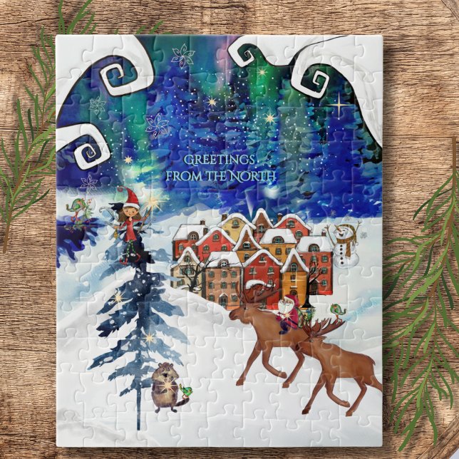 Whimsical Boreal Lights & Winterdorf  Puzzle (Whimsical Boreal Lights & Winter Village Jigsaw Puzzle)