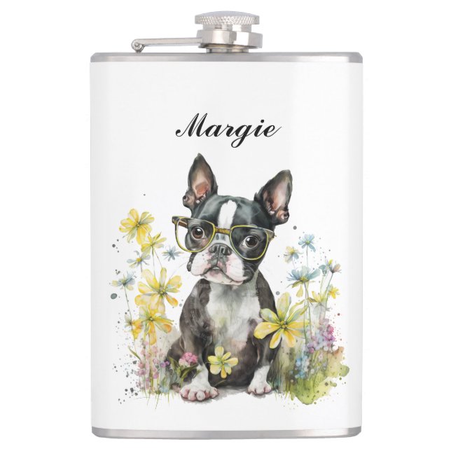 Whimsical Boston Terrier Puppy Wearing Brillen Flachmann (Vorderseite)