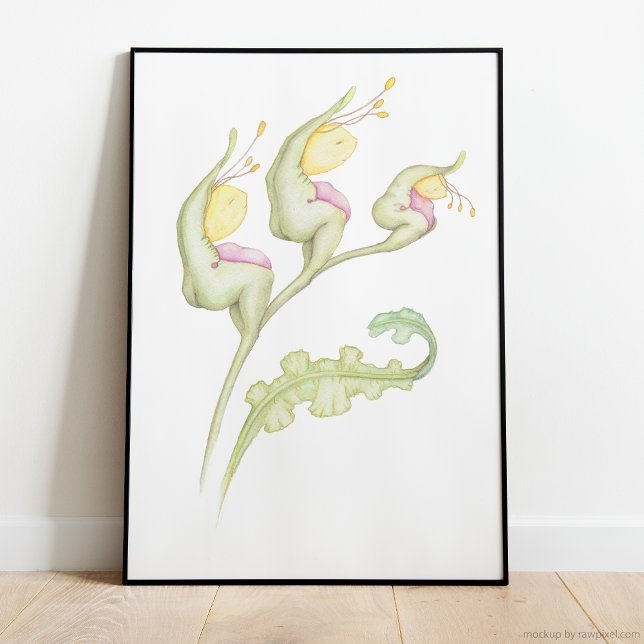 Whimsical botanic florale Fantasy Wesen Aquarell Poster (Whimsical floral fantasy beings on plant stem in watercolor artwork)