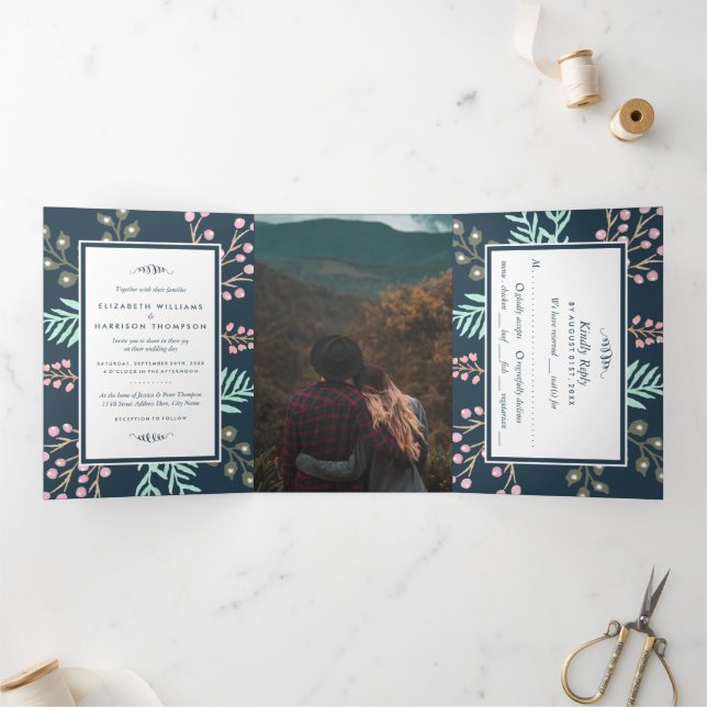 Whimsical Botanical Berry Wedding Suite Dreifach Gefaltete Einladung (Innenseite)