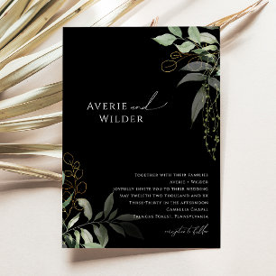Whimsical Botanical Black and Gold Wedding Einladung