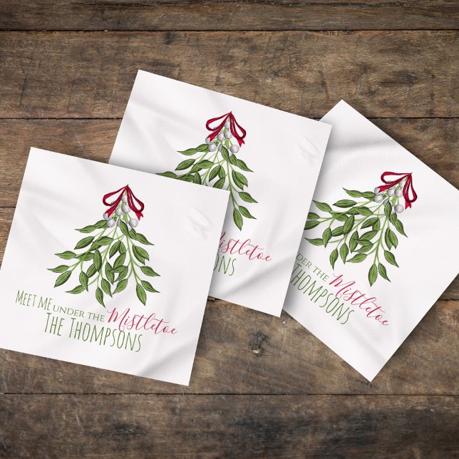 Whimsical Botanical Christmas Elegante Name Natur Serviette (Christmas merry mistletoe "meet me under the mistletoe" cocktail napkin.)