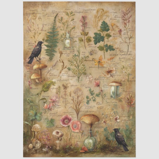 Whimsical Botanische Kunst Collage Decoupage Seidenpapier (Vorderseite)