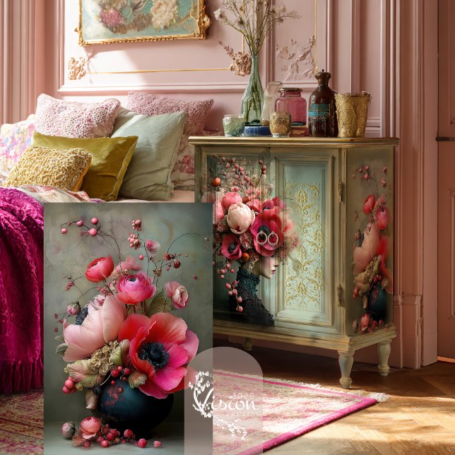 Whimsical Bouquet Vibranly Pink Floral Seidenpapier (Whimsical Bouquet, Vibrant Pink Vase and Floral Decoupage Tissue Paper.)