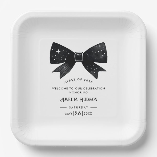 Whimsical Bow Black & White Graduation Party Pappteller (Vorderseite)