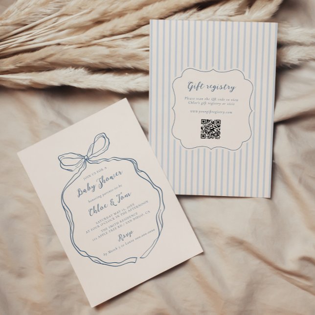 Whimsical Bow Blue Stripes Baby Dusche Einladung (Von Creator hochgeladen)