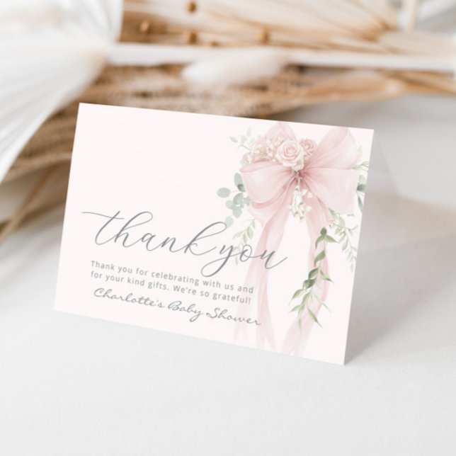 Whimsical Bow Floral Eucalyptus Baby Shower Dankeskarte (Von Creator hochgeladen)