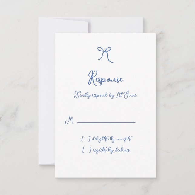 Whimsical Bow French Blue Wedding RSVP Karte (Vorderseite)