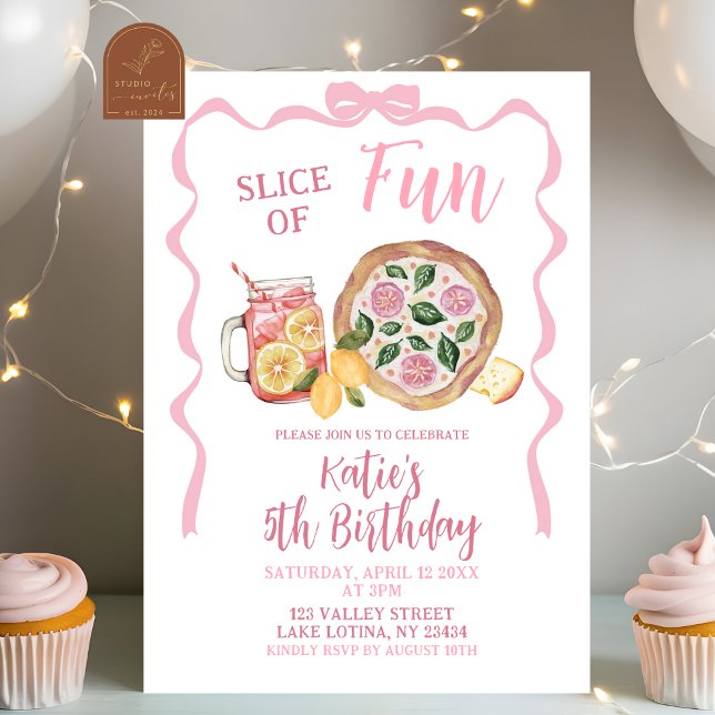 Whimsical Bow Lemonade and Pizza Girl Birthday Einladung (Von Creator hochgeladen)