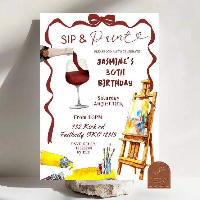 Whimsical Bow Wine Sip und Paint Birthday Einladung (Von Creator hochgeladen)