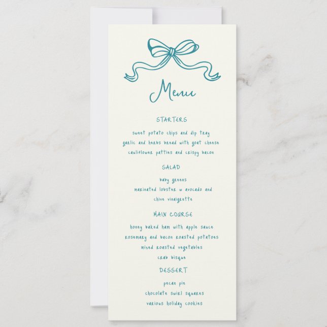 Whimsical Bows Hand Drawn Wedning Dinner Menü Einladung (Vorderseite)