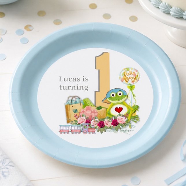 Whimsical Boy Frog | Personalisierter Geburtstag Pappteller (Von Creator hochgeladen)