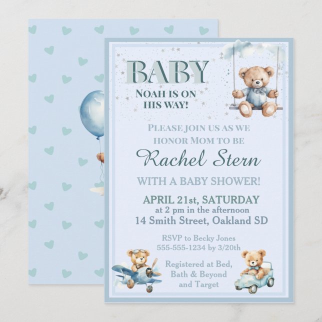 Whimsical Boy Teddy Bear Baby Shower Einladung (Vorne/Hinten)