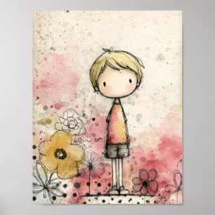 Whimsical Boy Watercolor mit floralen Akzenten (2) Poster