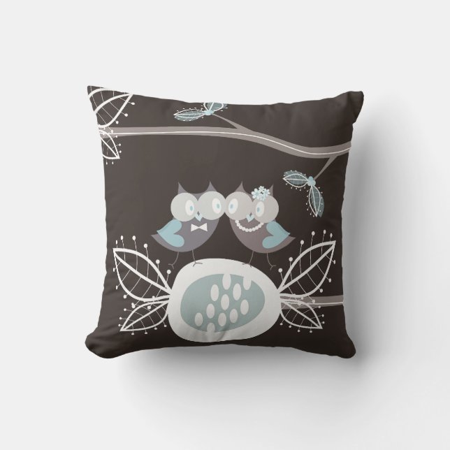 Whimsical Bride Groom Blue Wedding Owls Kissen (Vorderseite)
