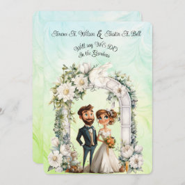 Whimsical Bride Groom Wedding Arch Blue Green Einladung