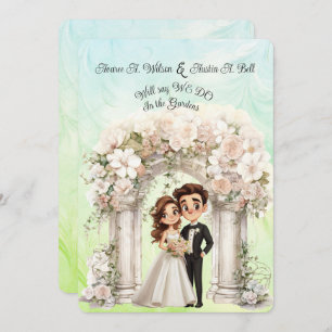 Whimsical Bride Groom Wedding Arch Blue Green Einladung