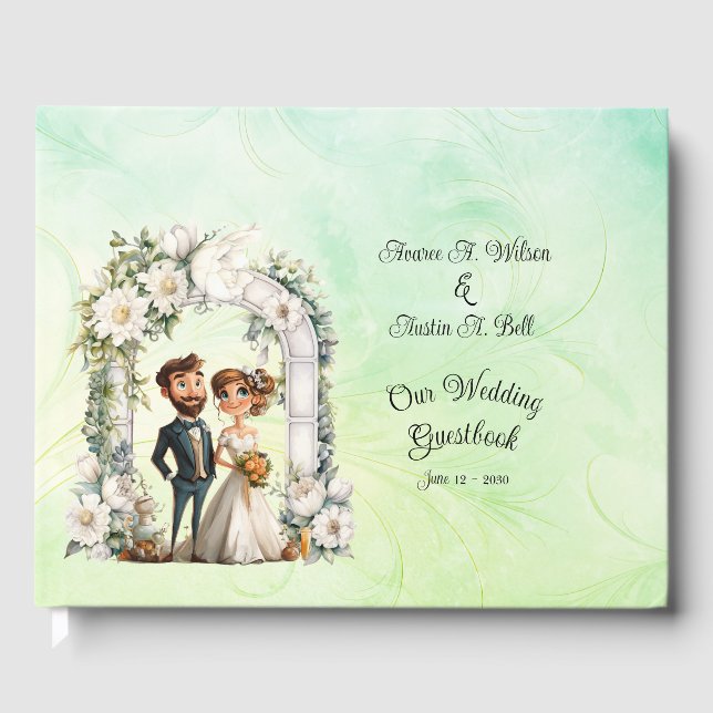 Whimsical Bride Groom Wedding Arch Blue Green Gästebuch (Vorderseite)