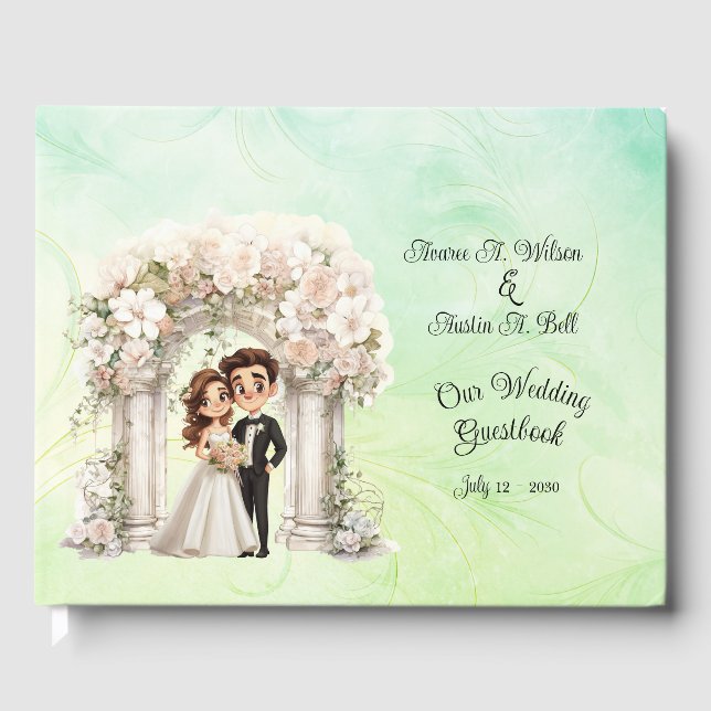 Whimsical Bride Groom Wedding Arch Blue Green Gästebuch (Vorderseite)
