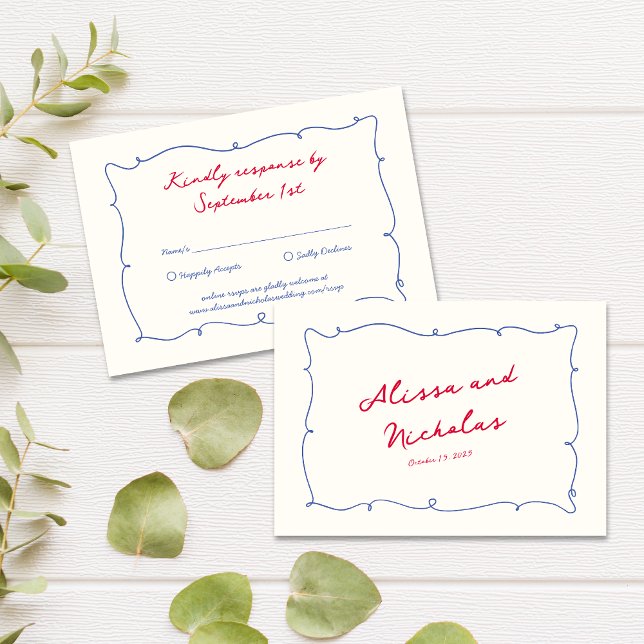 Whimsical Bright Border & Script Names Wedding RSVP Karte (Von Creator hochgeladen)