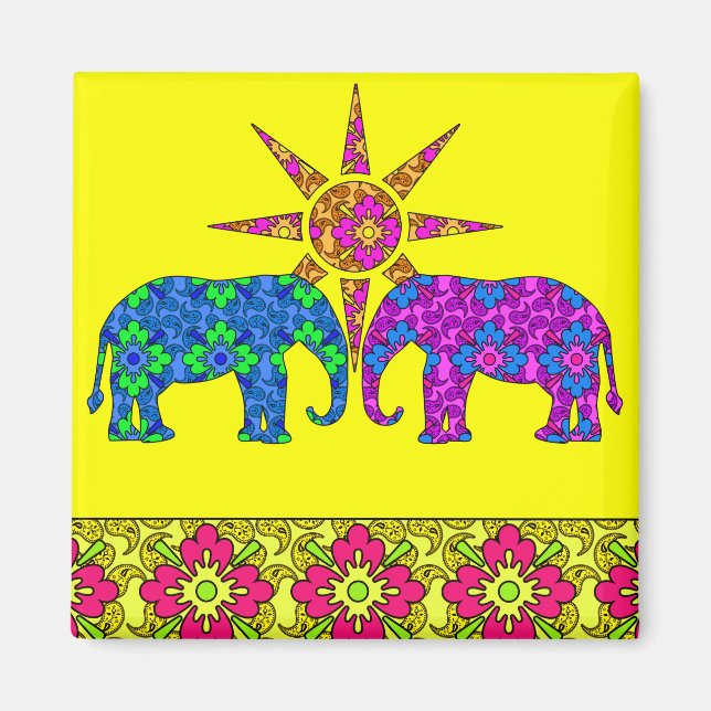 Whimsical Bright Colorful Paisley Elephants Yellow Magnet (Vorne)