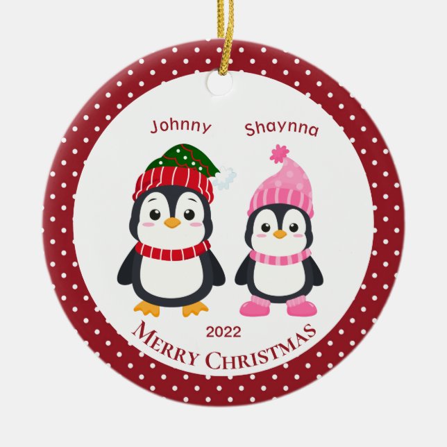 Whimsical Brother & Sister Penguins Personalisiert Keramik Ornament (Vorne)