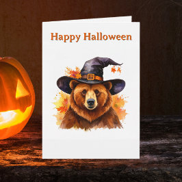 Whimsical Brown Bear Black Witch Hat Halloween Karte