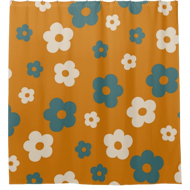 Whimsical Brown & Blue Floral Retro, fröhlich Duschvorhang (Vorderseite)