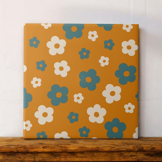Whimsical Brown & Blue Floral Retro, fröhlich Fliese (Von Creator hochgeladen)