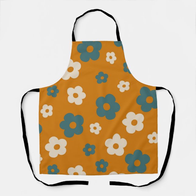 Whimsical Brown & Blue Floral Retro, fröhlich Schürze (Vorderseite)
