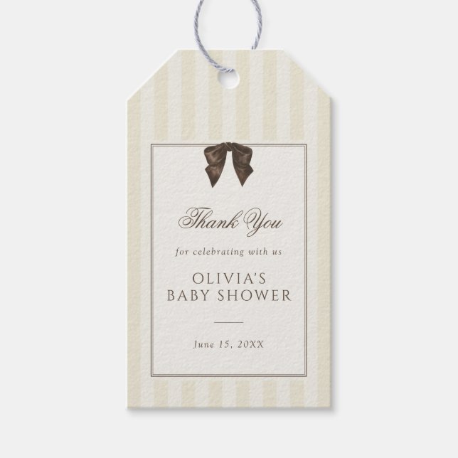 Whimsical Brown Bow Striped Baby Shower Geschenkanhänger (Vorderseite)