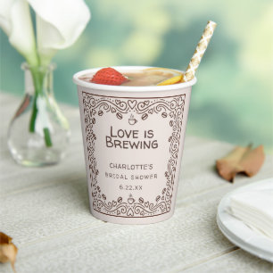 Whimsical Brown Love Is Brewing Brautparty Pappbecher
