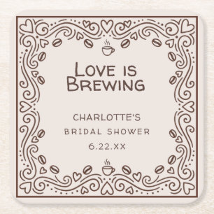 Whimsical Brown Love Is Brewing Brautparty Rechteckiger Pappuntersetzer