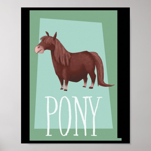 Whimsical Brown Shetland Pony auf grünem Retro-Rüc Poster (Vorne)