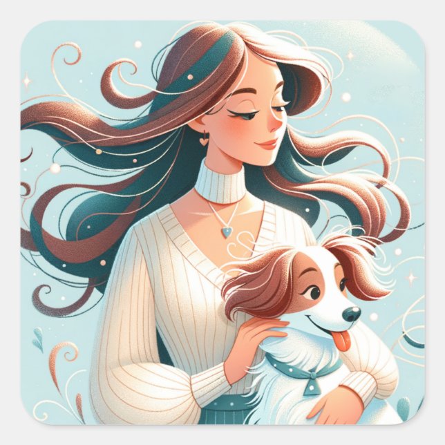 Whimsical Brünett & Cavalier King Charles Spaniel Quadratischer Aufkleber (Vorderseite)