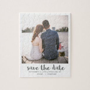Whimsical Brush Script-Foto Save the Date grau Puzzle