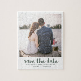 Whimsical Brush Script Foto Save the Date Green Puzzle