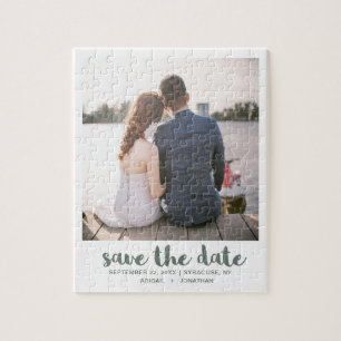 Whimsical Brush Script Foto Save the Date Green Puzzle