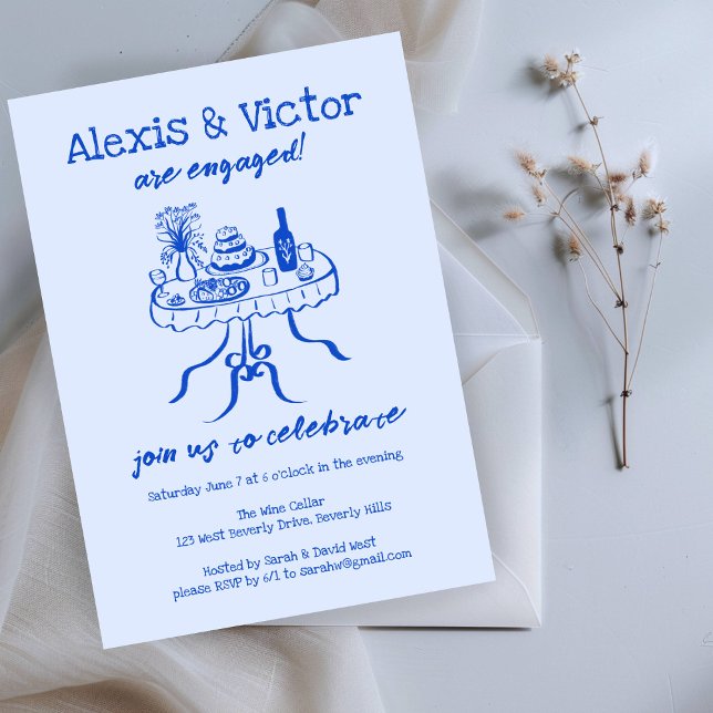 Whimsical Buffet DInner Custom Engagement Party Einladung (Whimsical Buffet DInner Custom Engagement Party Invitation Blue Sketch Doodle Cute
)