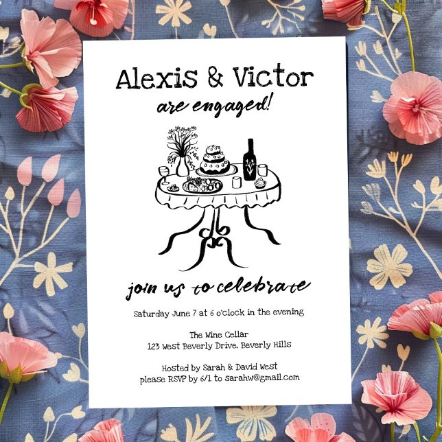 Whimsical Buffet DInner Custom Engagement Party Einladung (Whimsical Buffet Dinner Custom Engagement Party Invitation Sketch Doodle Wine)