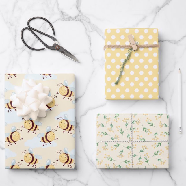 Whimsical Bumble Bee and Honeycomb Floral Geschenkpapier Set (Vorderseite)