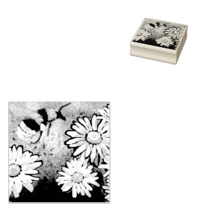 Whimsical Bumble Bee Daisies Floral Blue White Gummistempel