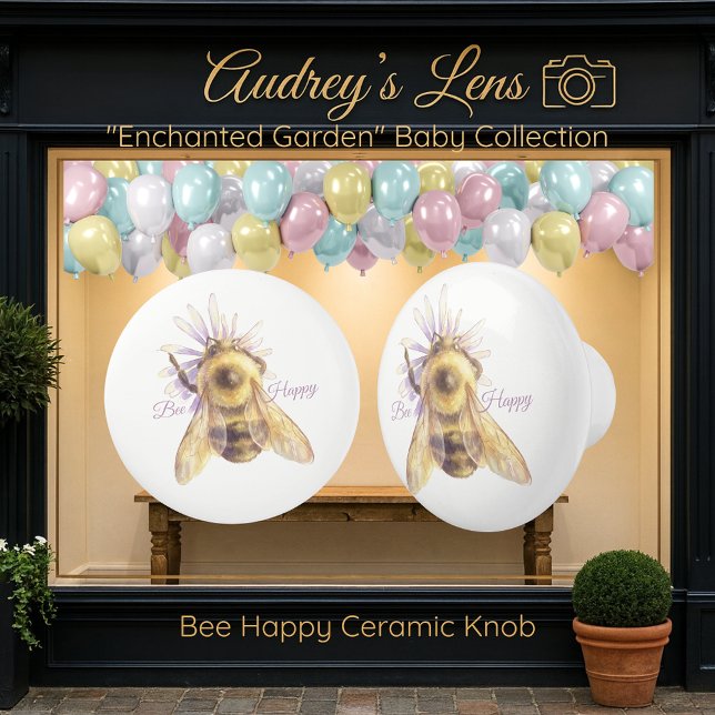 Whimsical Bumblebee & Wildflowers "Bee Happy" Keramikknauf (Von Creator hochgeladen)